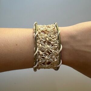Boho Cuff Bracelet Cream Macrame Knotted Wide Adjustable Statement Jewelry
